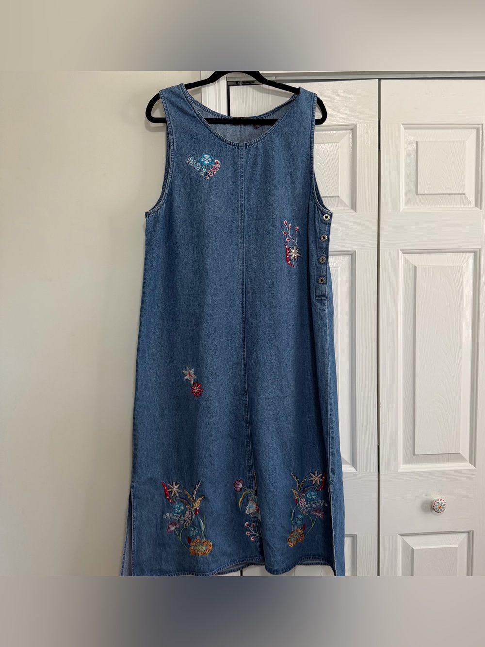 Agapo Long Blue Denim Vintage Tank Dress Embroidered Size XL